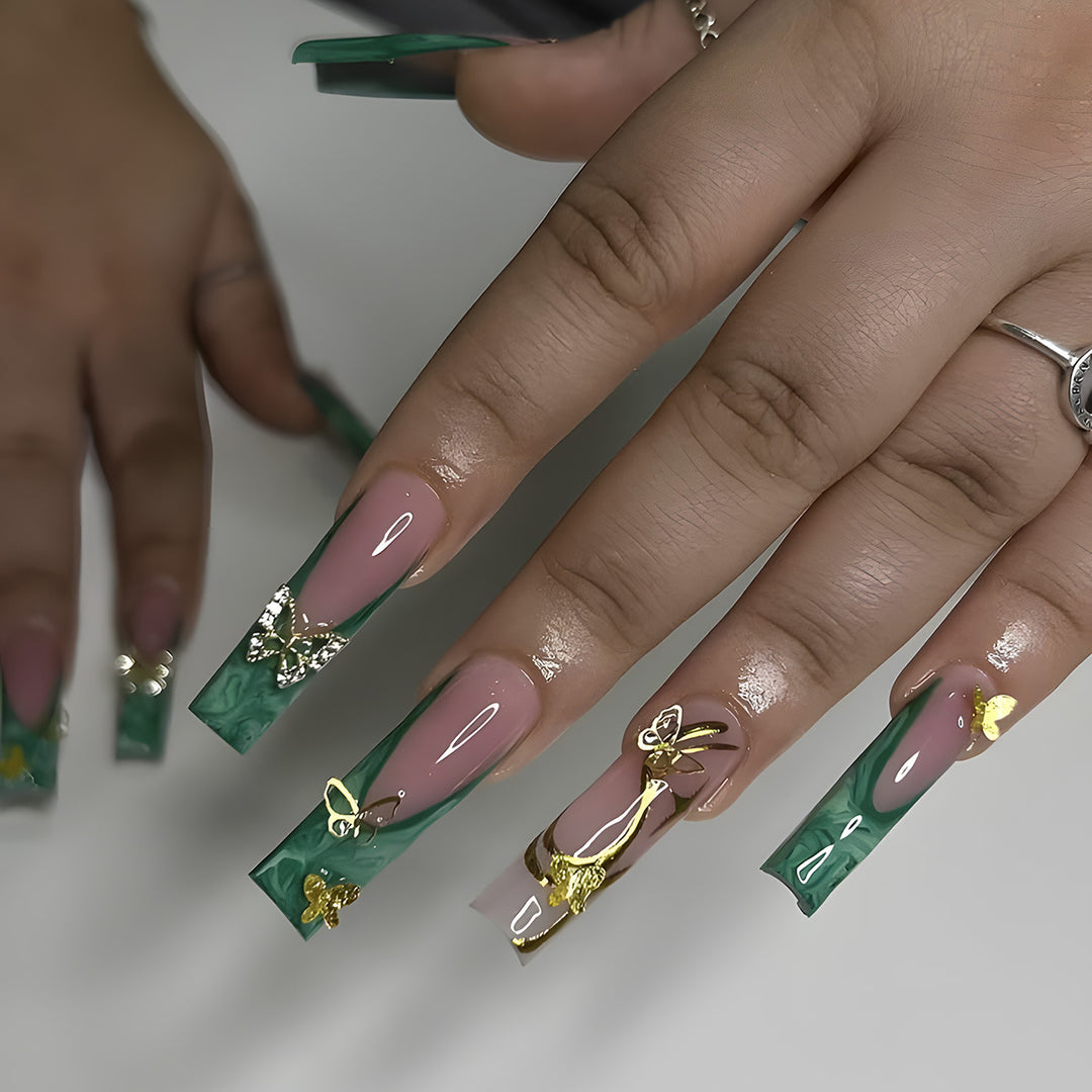 Artistic Long Press-On Nail Set with Butterfly and Gold Accents Kalsten