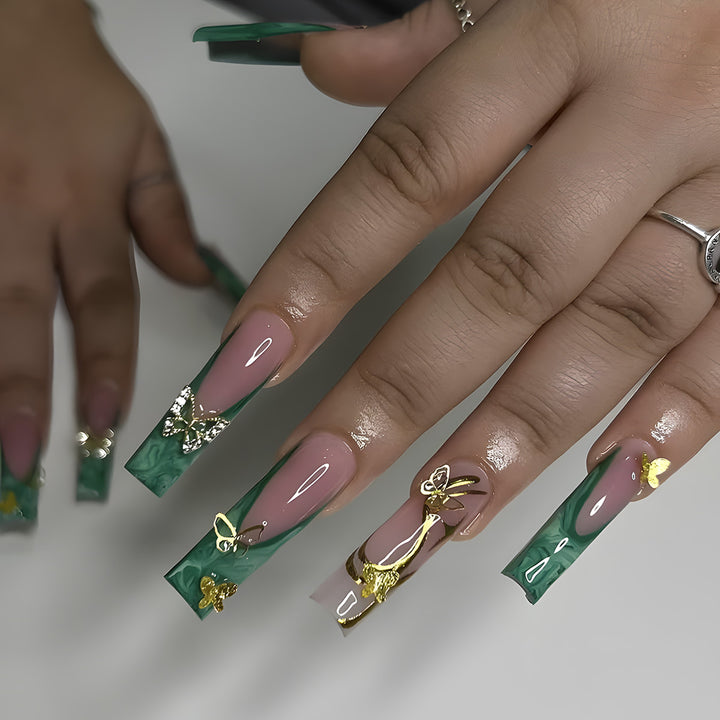 Artistic Long Press-On Nail Set with Butterfly and Gold Accents Kalsten