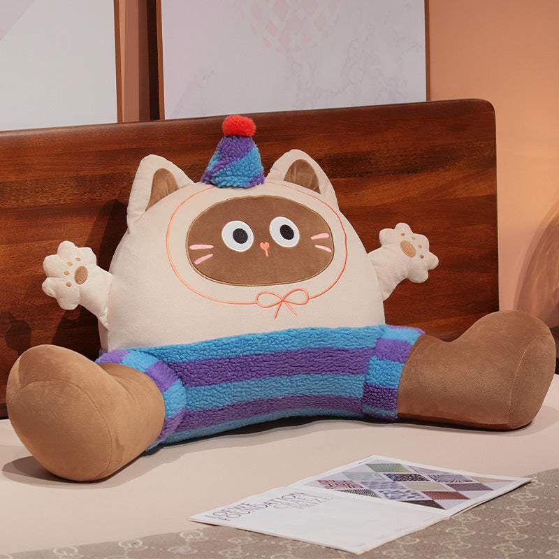 Large plush reading pillow with armrests and cute cat design