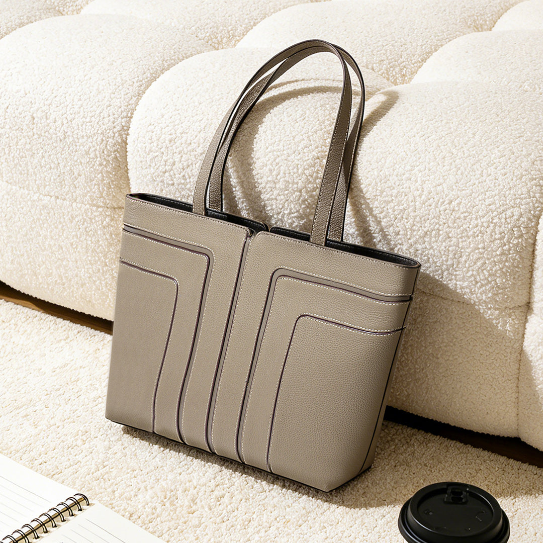 Structured Vertical-Panel Pebbled Tote Bag