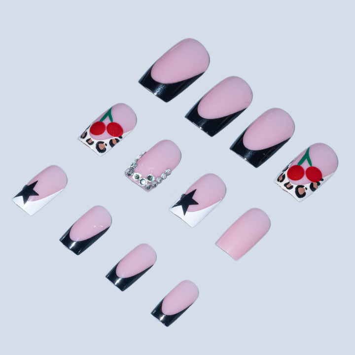 Artistic Nail Art Design Set with Cherry and Star Accents