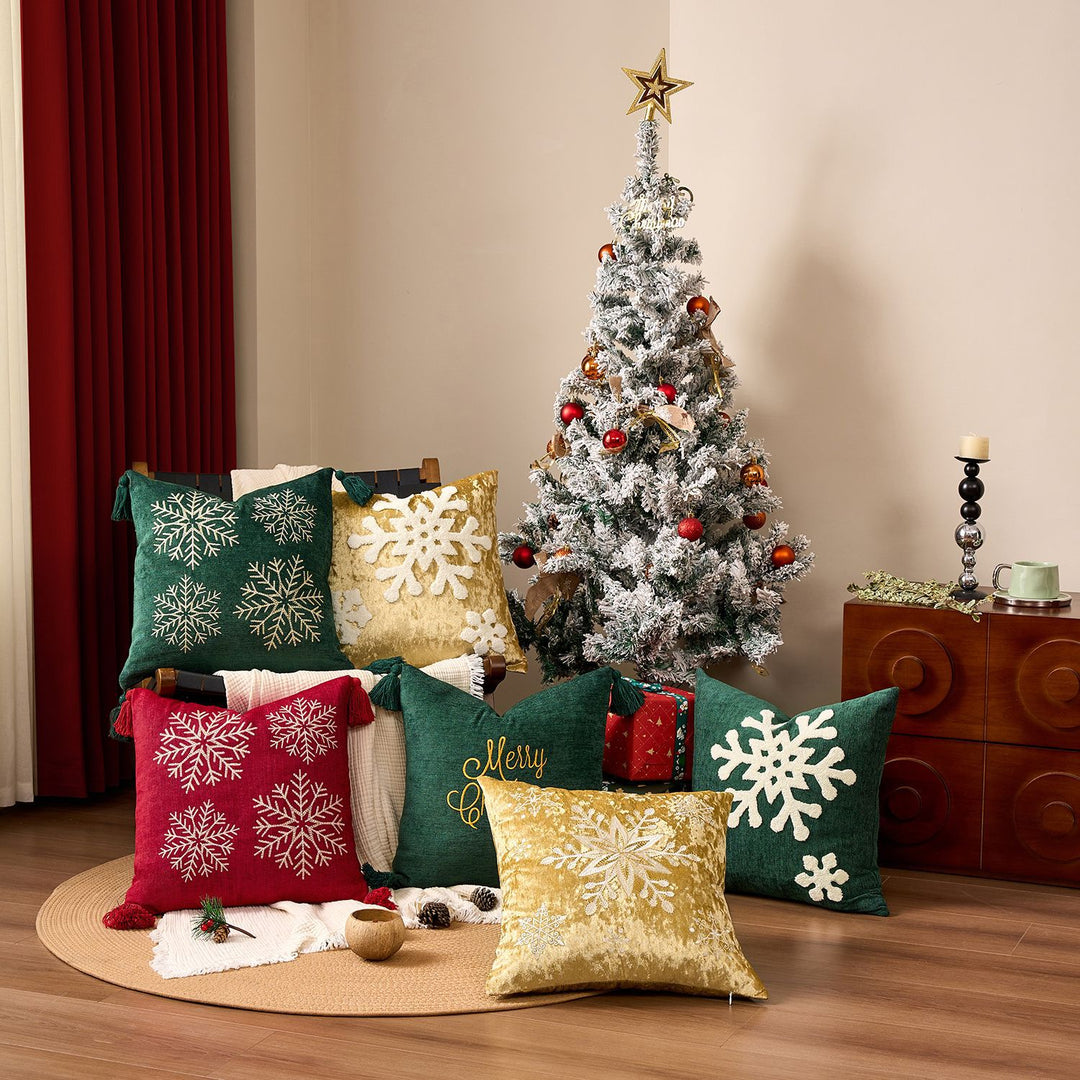 Square Velvet Embroidered Snowflake Pillow Cover with Corner Tassels
