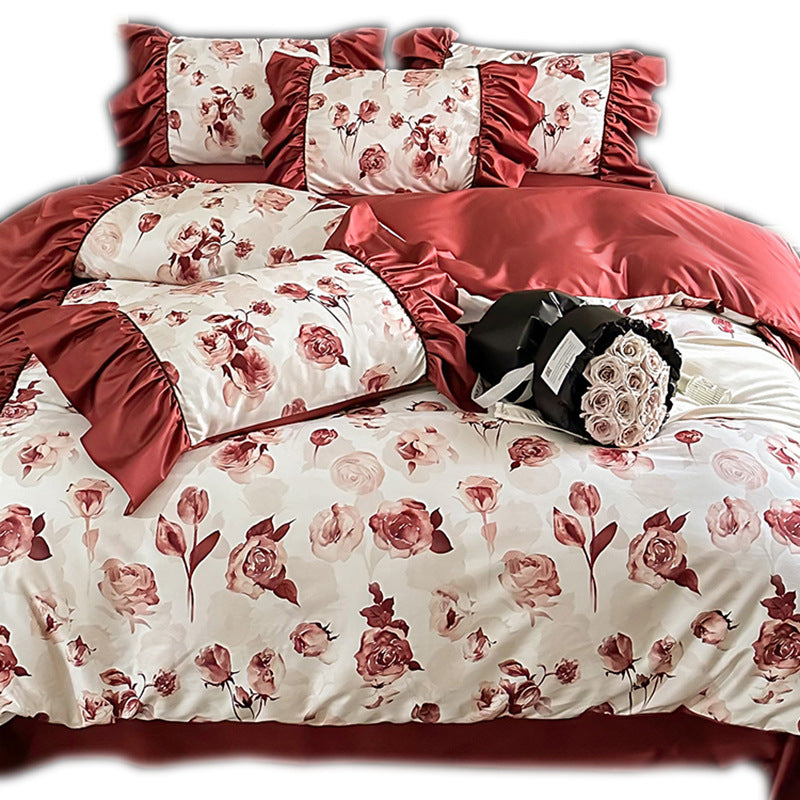 Luxurious flower satin bedding set with frill, bed skirt, and pillowcases
