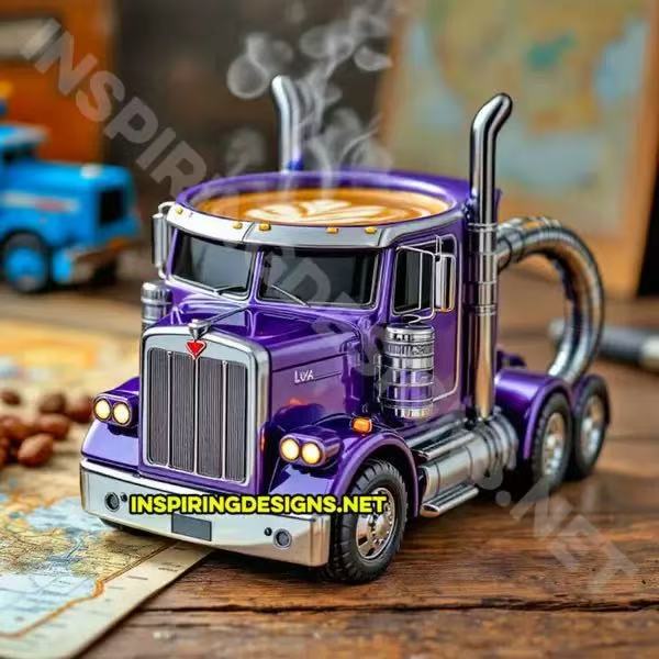 Novelty Ceramic 3D Semi Truck Coffee Mug With Sculpted Chrome Exhaust Handle