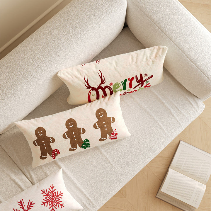 Rectangular Festive Lumbar Pillow Cover with Merry Christmas Typographic Print and Reindeer Antler Accent