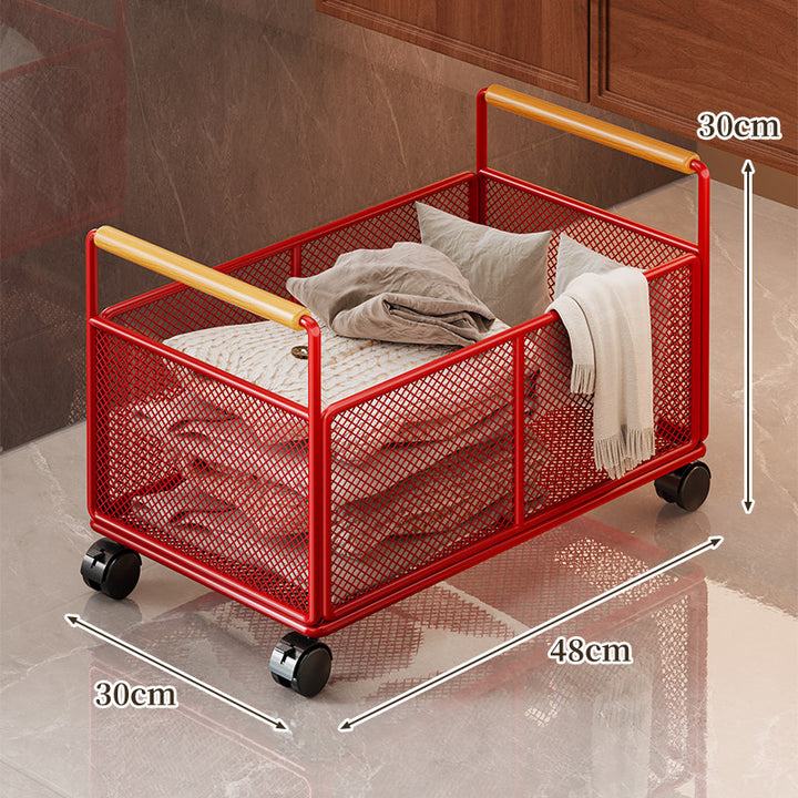 Low-Profile Metal Mesh Storage Crate with Dual Wood-Accent Handles for Blankets and Towels
