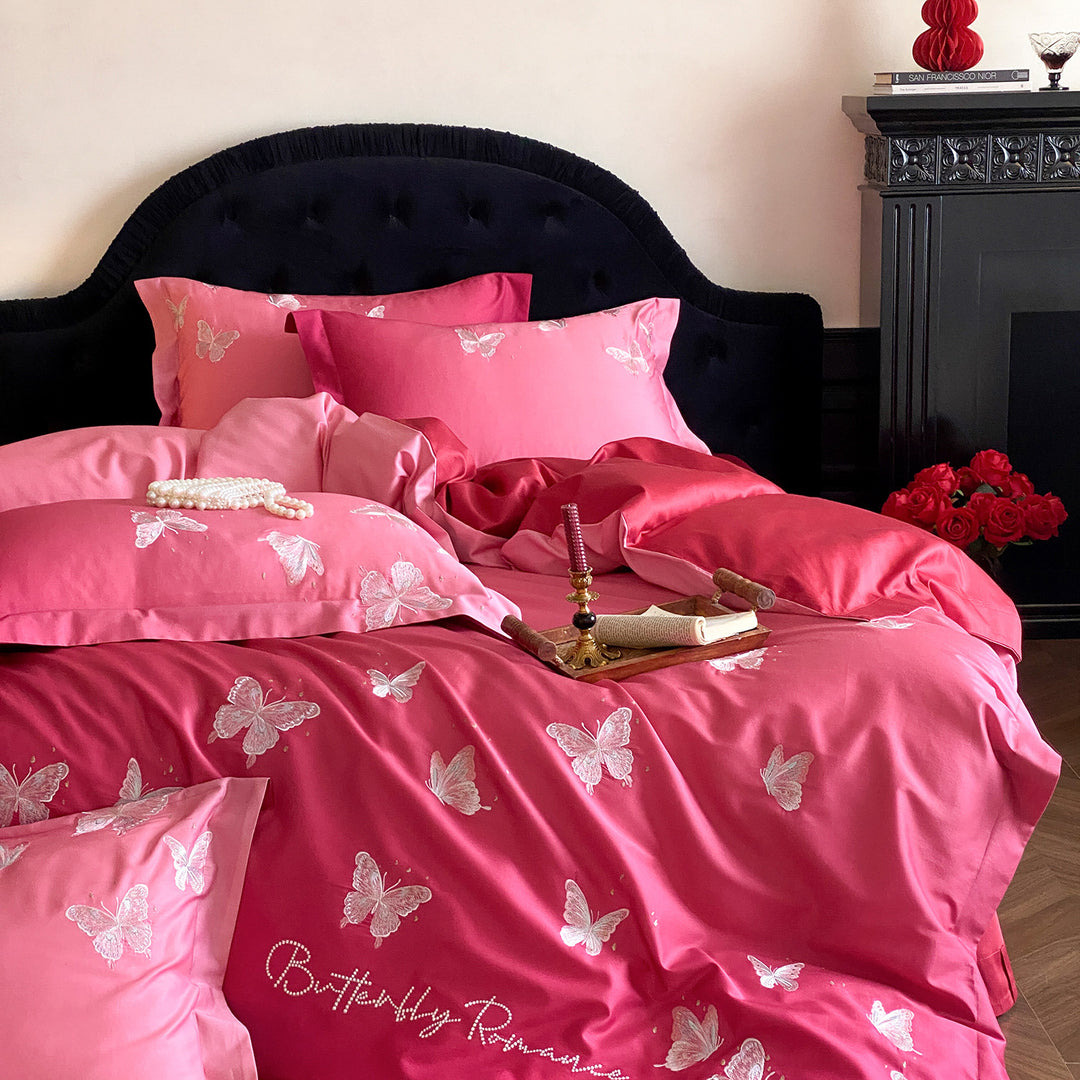 Luxury satin bedding set with embroidered butterfly appliqués Kalsten