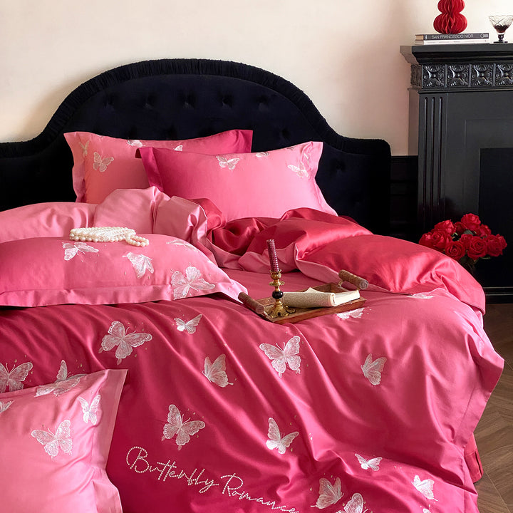 Luxury satin bedding set with embroidered butterfly appliqués Kalsten