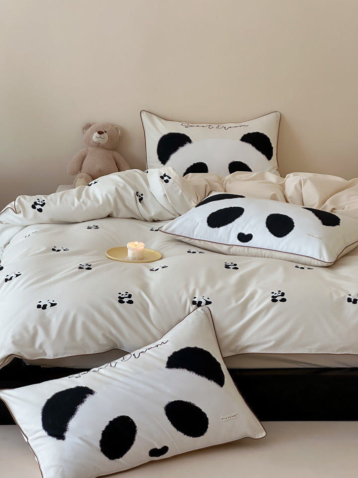 Children's bedding set with panda motif made of cotton satin and lovingly crafted appliqué