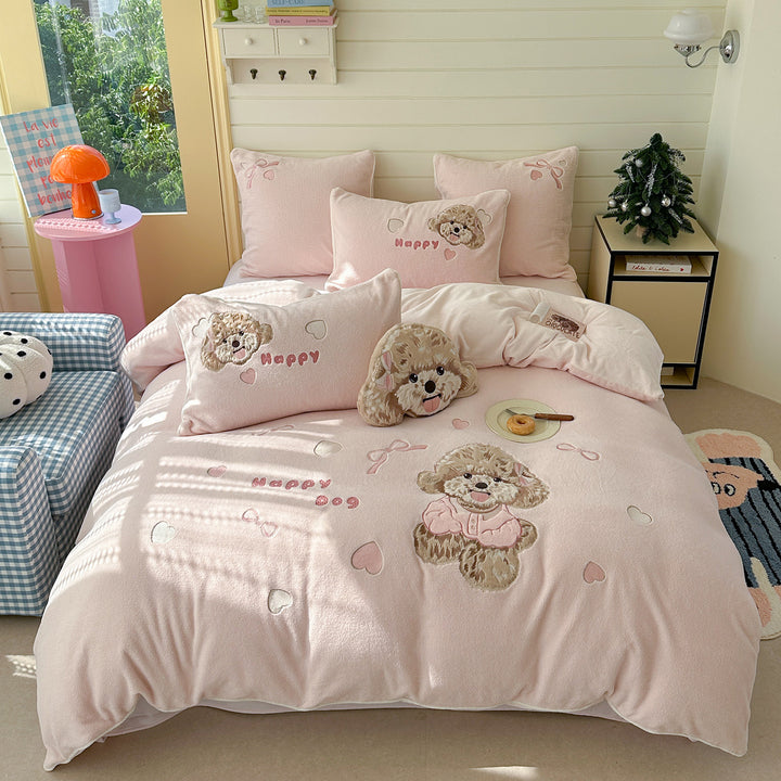 Cozy bedding set with plush surface and embroidered puppy design