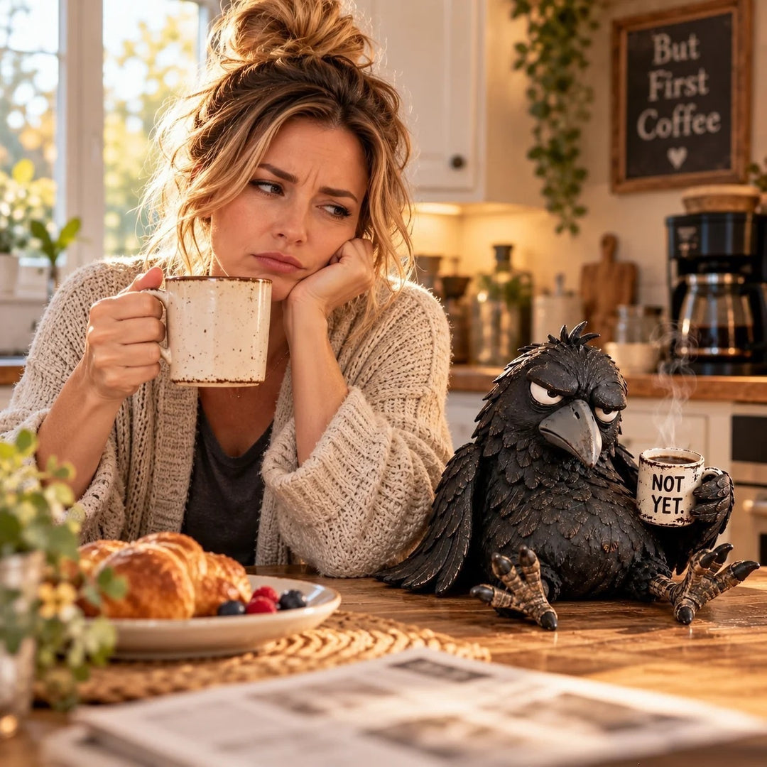 Quirky Raven Sculpture with Coffee Cup Kalsten