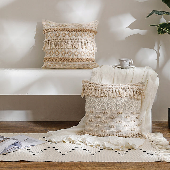 Woven Boho cushion cover with fringe stripes and handcrafted border
