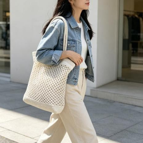 Hand-knotted shopping bag in modern net design Kalsten