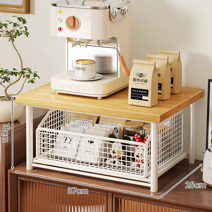 Countertop Coffee Station Elevated Shelf with Slide-Out Mesh Basket