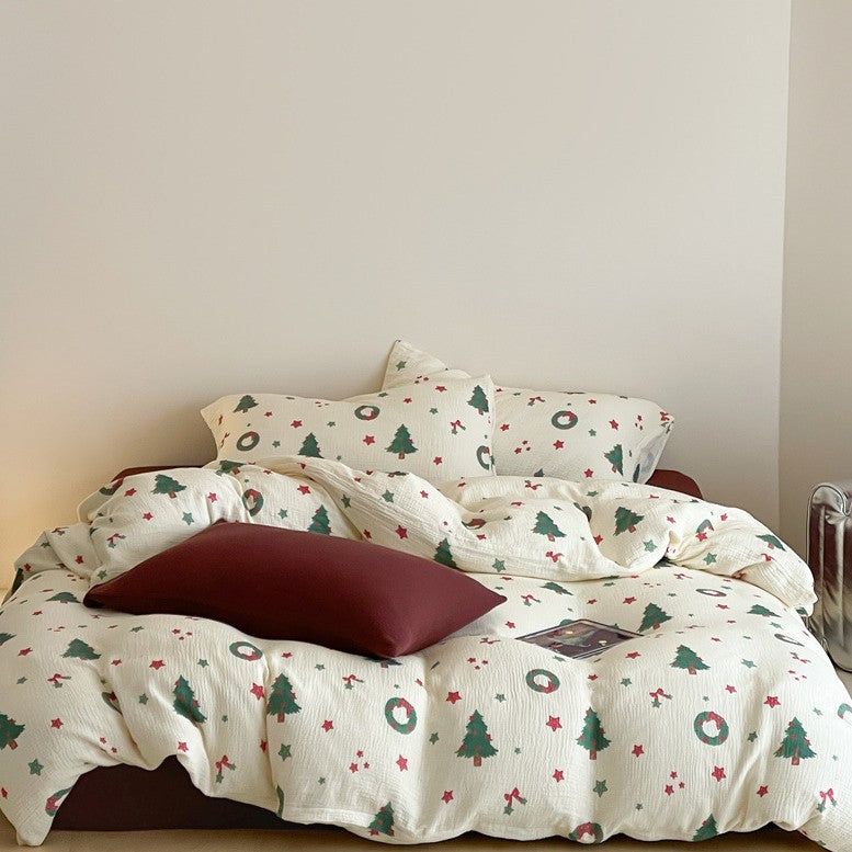 Festive cotton bedding set with crinkled structure and Christmas motif