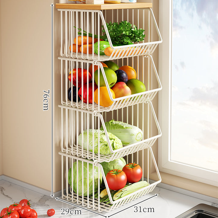 Countertop Wooden-Top Metal Wire Produce Storage Basket with Front-Tilt Access