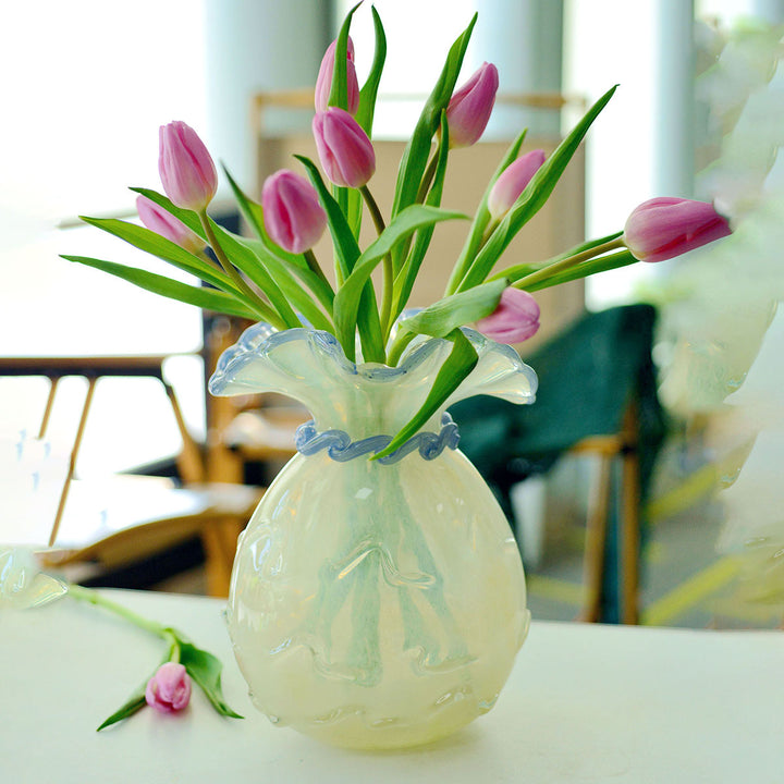 Handblown Opalescent Ruffled-Rim Sculptural Art Glass Vase with Twisted Collar Accent Kalsten