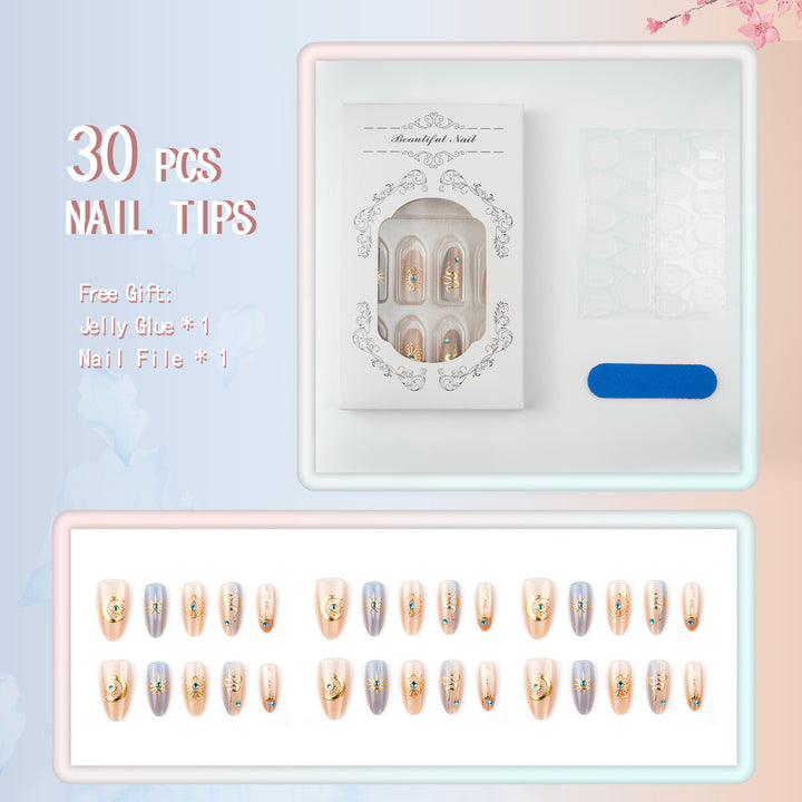 Decorative Press-On Nail Set with Celestial Designs