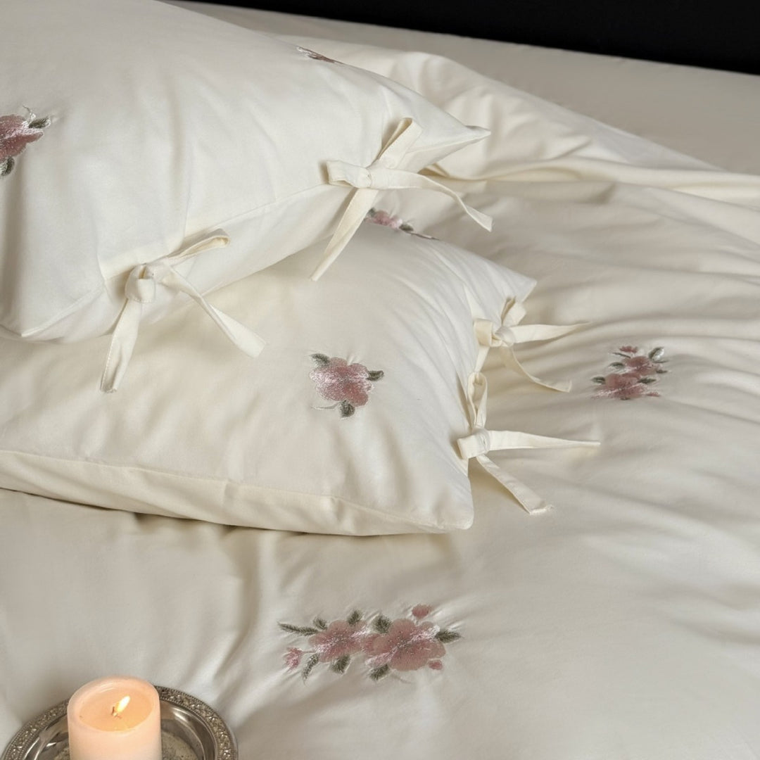 High-quality cotton bedding set with embroidered floral accents