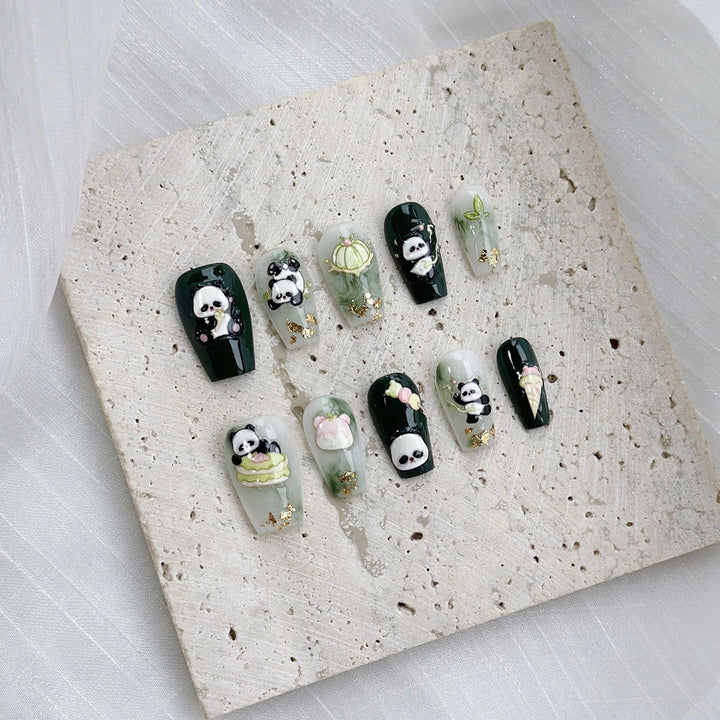 Artistic Press-On Nail Art Set with Cute Panda Designs
