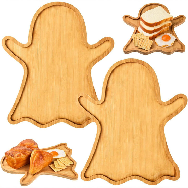 Halloween serving plates made of wood set with pumpkin and ghost shapes
