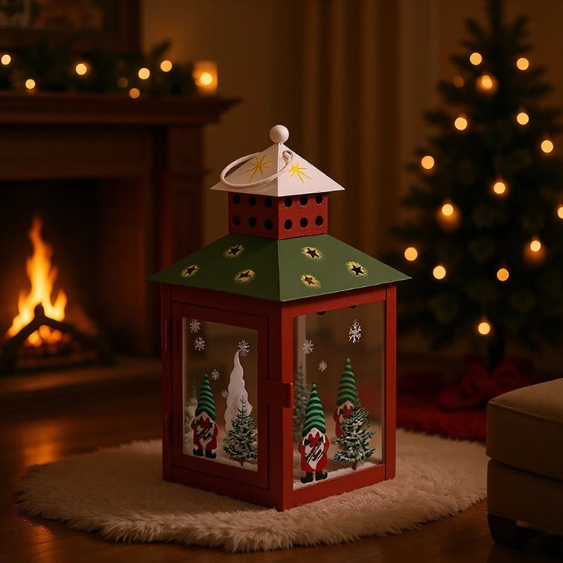 Decorative Holiday Gnome Lantern with Star-Cut Roof and Glass Panel Candle Holder Kalsten