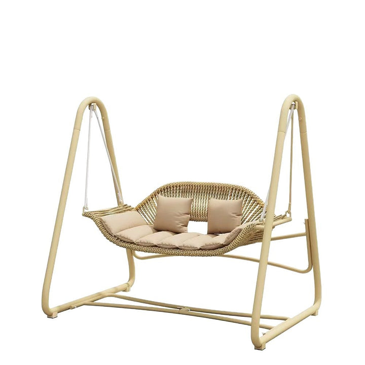 Woven rattan outdoor swing loveseat with padded cushions and powder-coated steel frame Kalsten