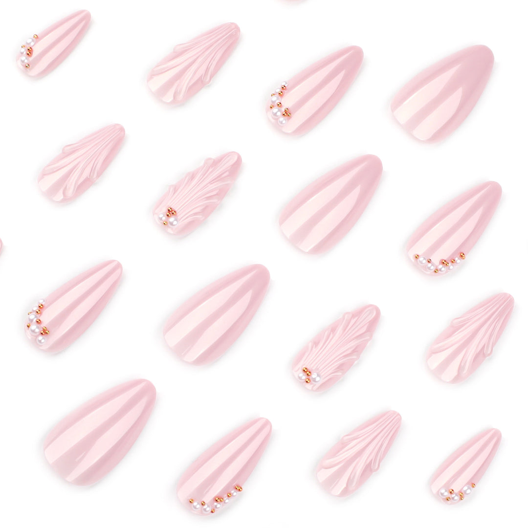 Elegant stiletto nails with shimmer design and pearl decorations Kalsten