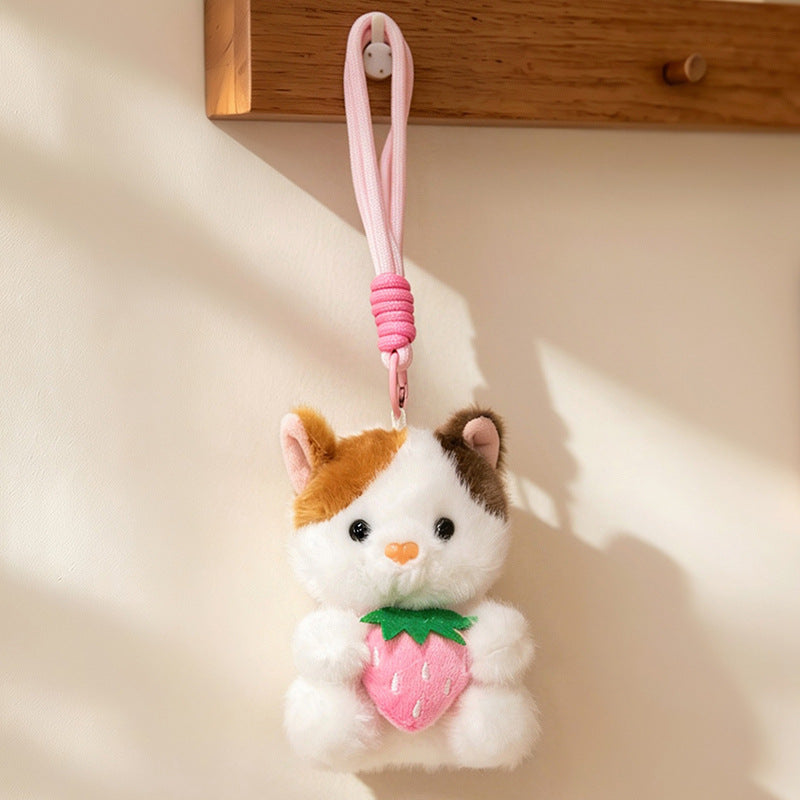 Plush Calico Cat Strawberry Mini Bag Charm Keychain with Soft Rope Loop & Metal Clip Kalsten