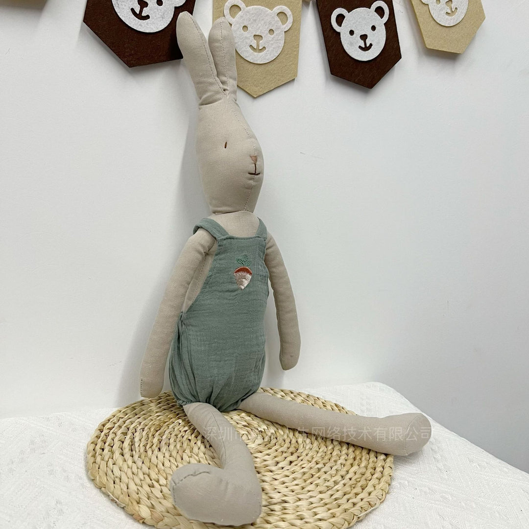 Handmade Linen Bunny Soft Cloth Doll with Embroidered Overalls
