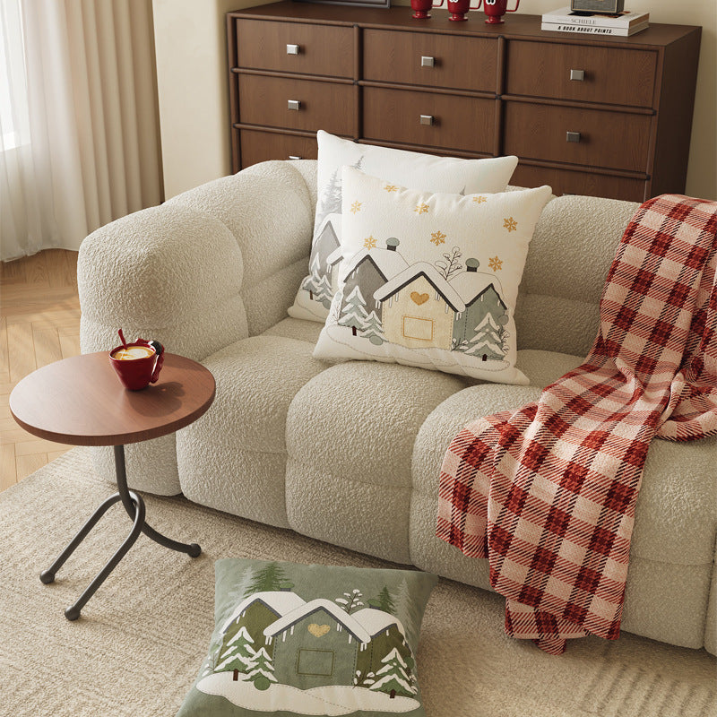 Winter Cottage Embroidered Plush Square Throw Pillow Cover with Hidden Zipper