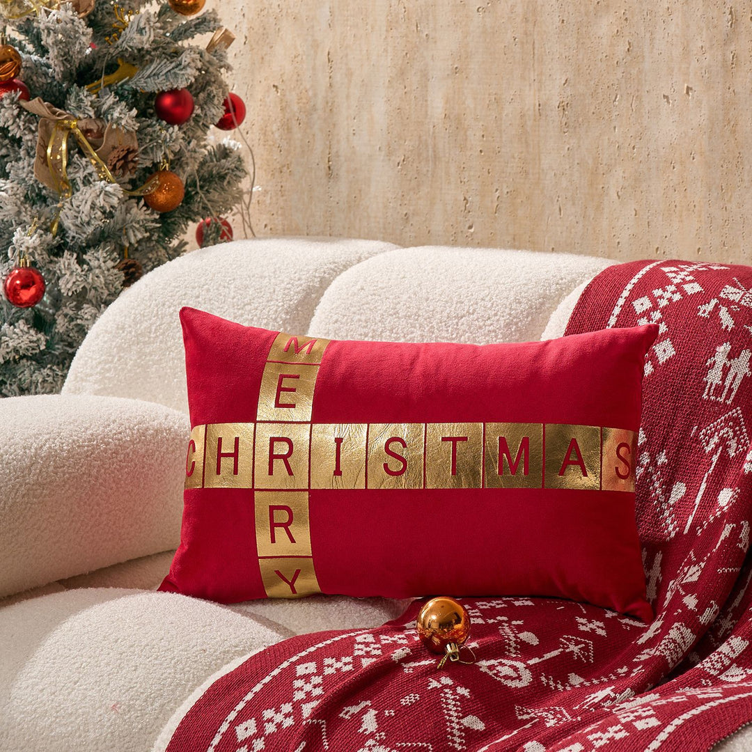 Velvet Foil-Block Crossword Lumbar Throw Pillow Cover with Hidden Zipper