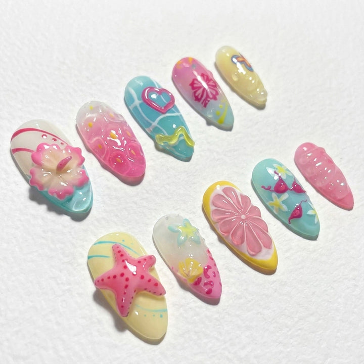 Vibrant Ocean-Themed Press-On Nail Art Set