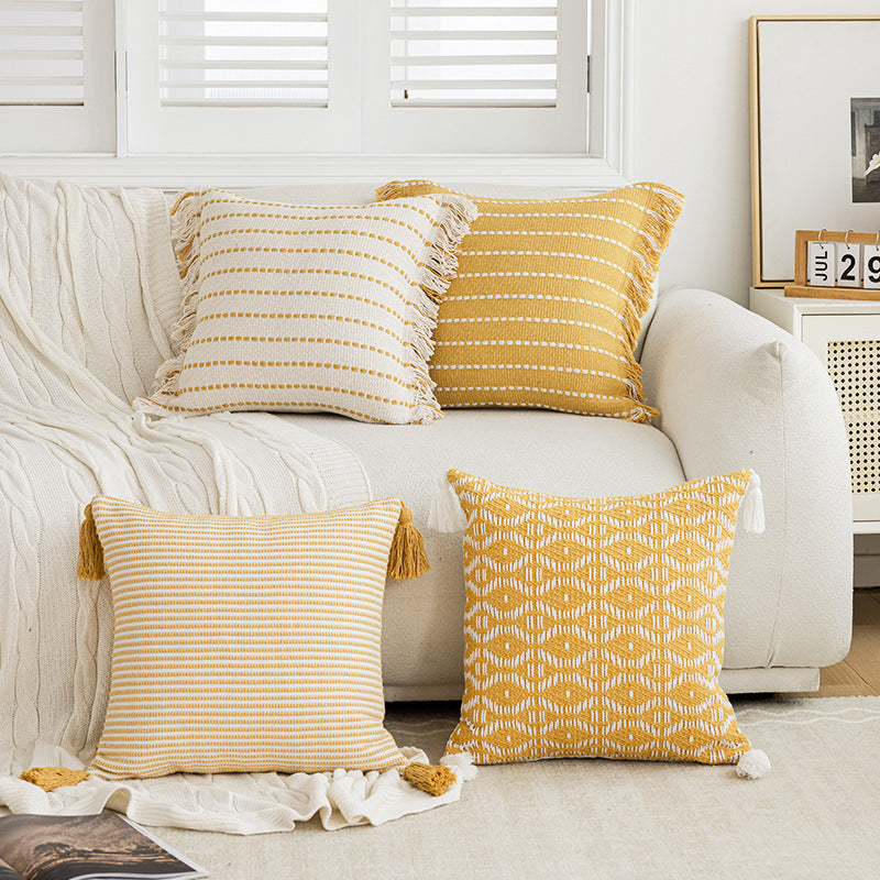 Woven Horizontal-Stripe Square Throw Pillow with Fringed Edges and Removable Cover