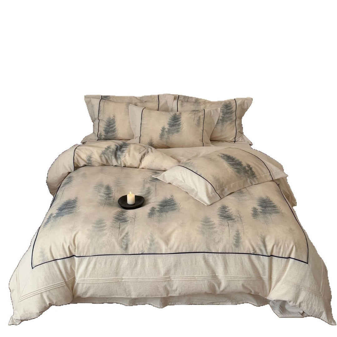 Bedding set made of high-quality cotton satin with subtle forest watercolor print and contrasting piping