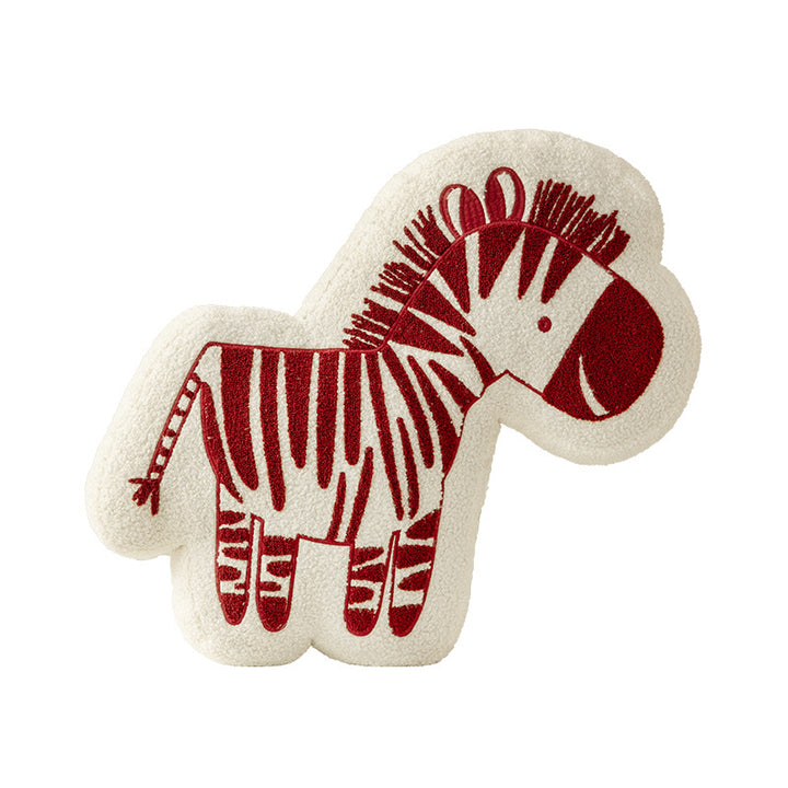 Shaped children's room decorative pillow made of teddy fleece with embroidered zebra motif and contoured silhouette