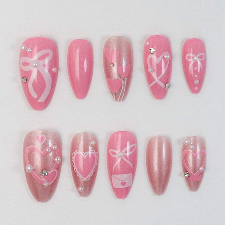 Premium artificial nail set with romantic heart and bow designs Kalsten