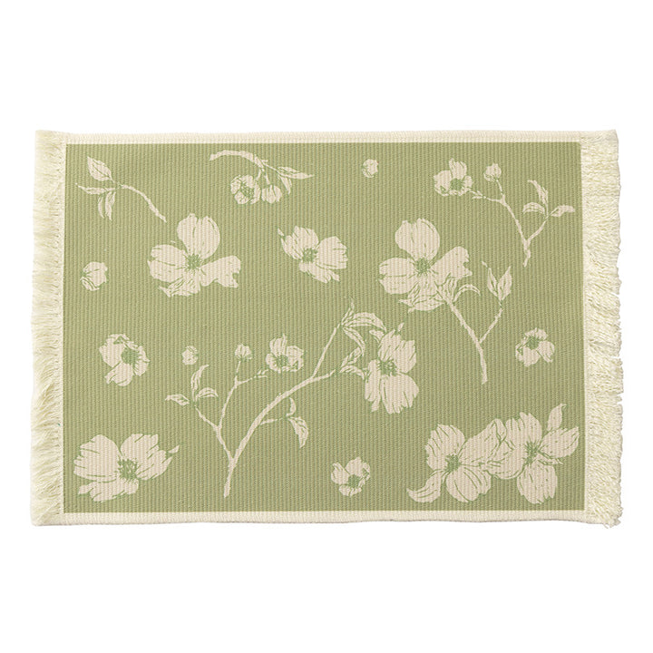 Woven table placemat made of cotton blend with olive branch print and decorative fringe edge