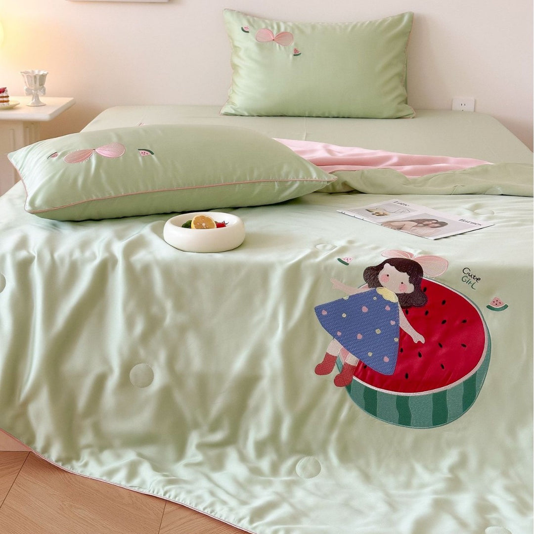 Children's satin bedding set with embroidered bunny moon and silky reversible throw