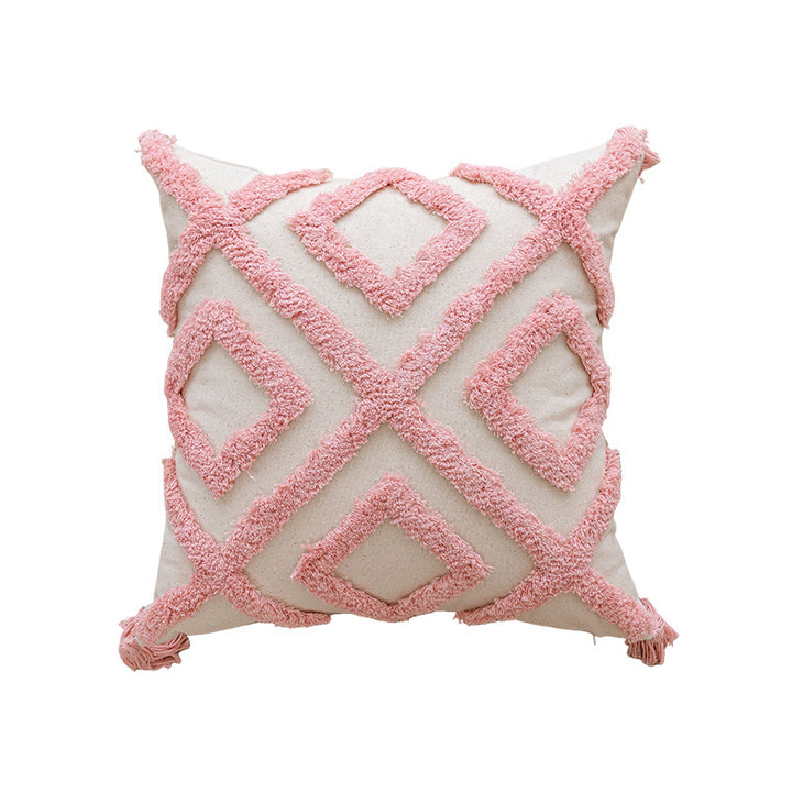 Hand-Tufted Concentric Arch Cotton Throw Pillow with Tassel Corners and Removable Cover