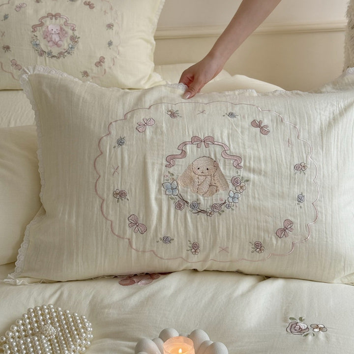 Embroidered cotton-linen pillowcase set with lace trim and bunny motif