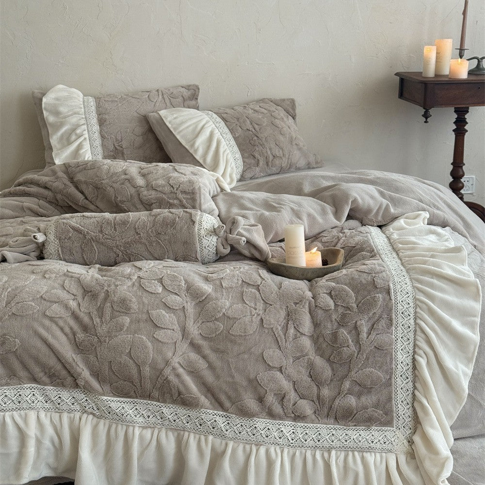 Romantic quilted bedding set with ruffle, floral relief, and neck roll