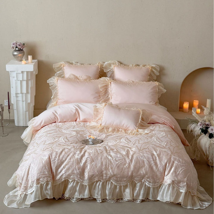 Opulent satin bed set with jacquard-embroidered bedspread and voluminous ruffle hem
