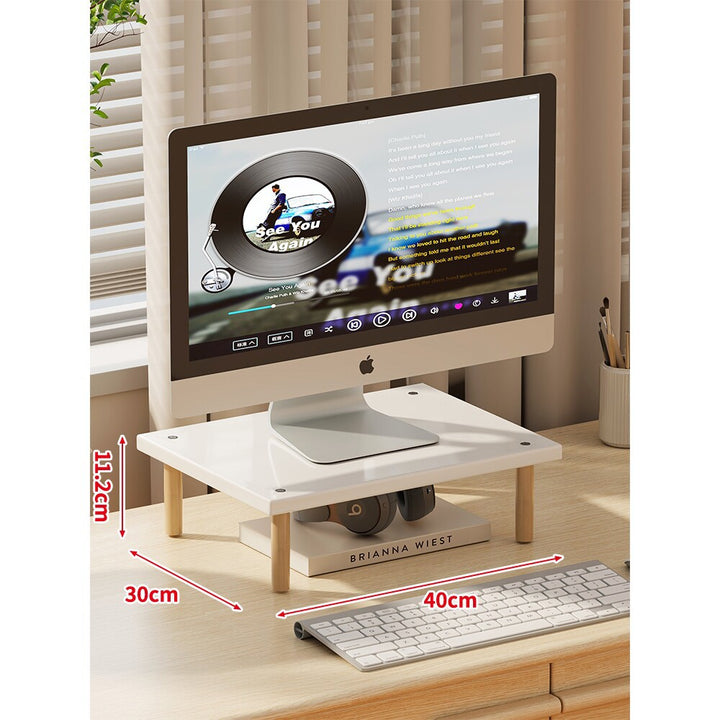 Compact Elevated Monitor Riser Stand with Wooden Legs and Under-Storage