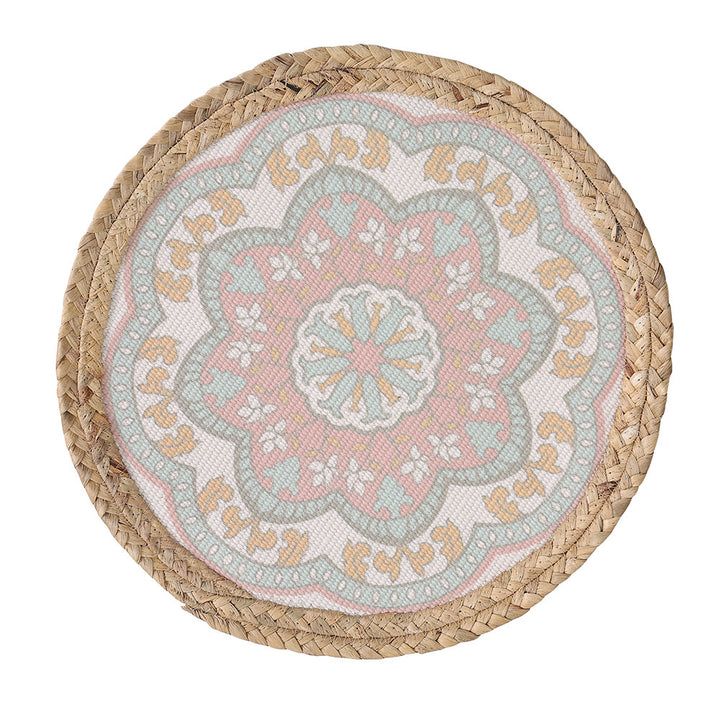 Round woven table mat made of jute with mandala cotton overlay Kalsten