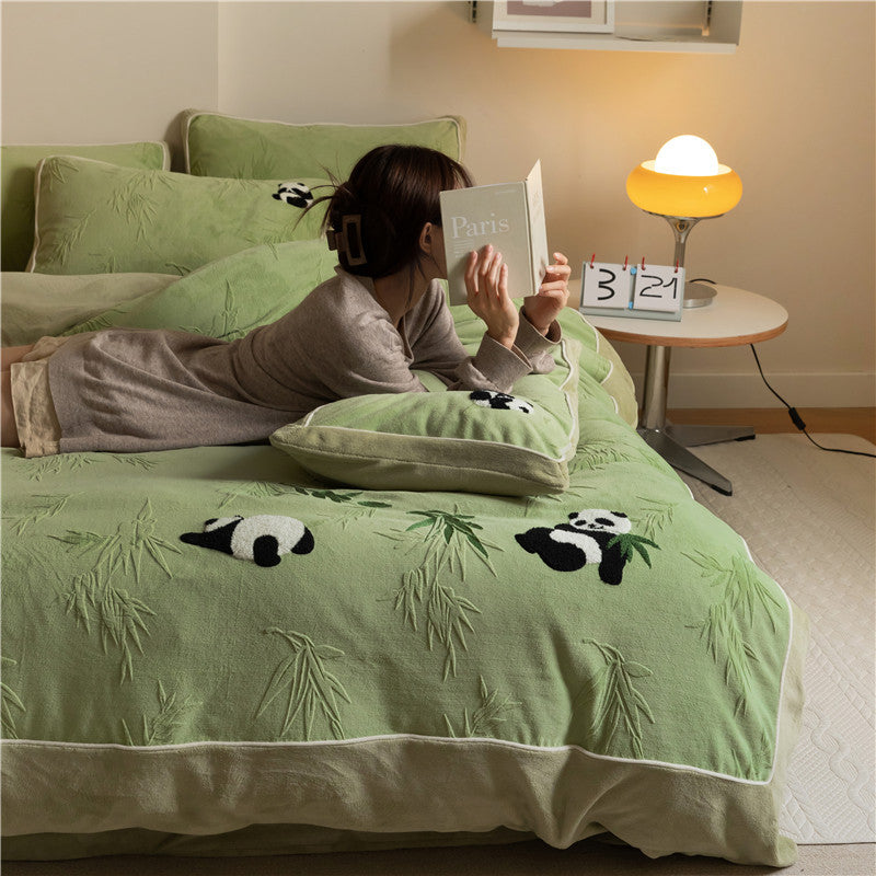 Cotton duvet cover set with relief bamboo and panda tufting