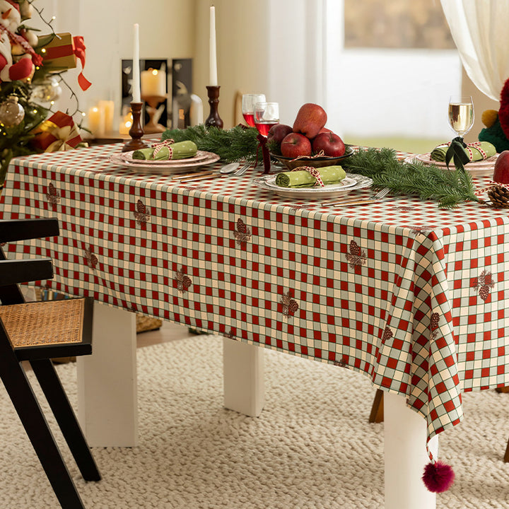 Rectangular decorative tablecloth with checkered pattern, pompom trim, and fine embroidered applique Kalsten