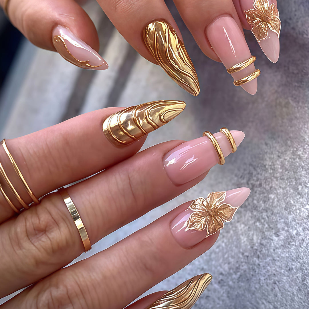 Elegant Metallic Floral Accent Press-On Nails Kalsten