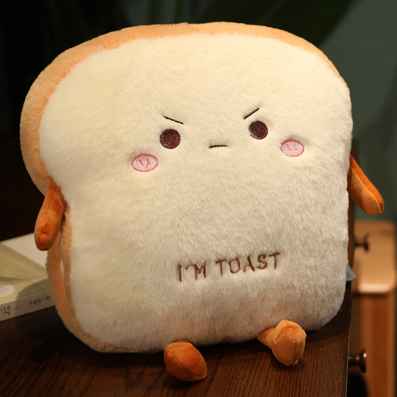 Cuddly plush cushion in toast shape with embroidery and soft filling