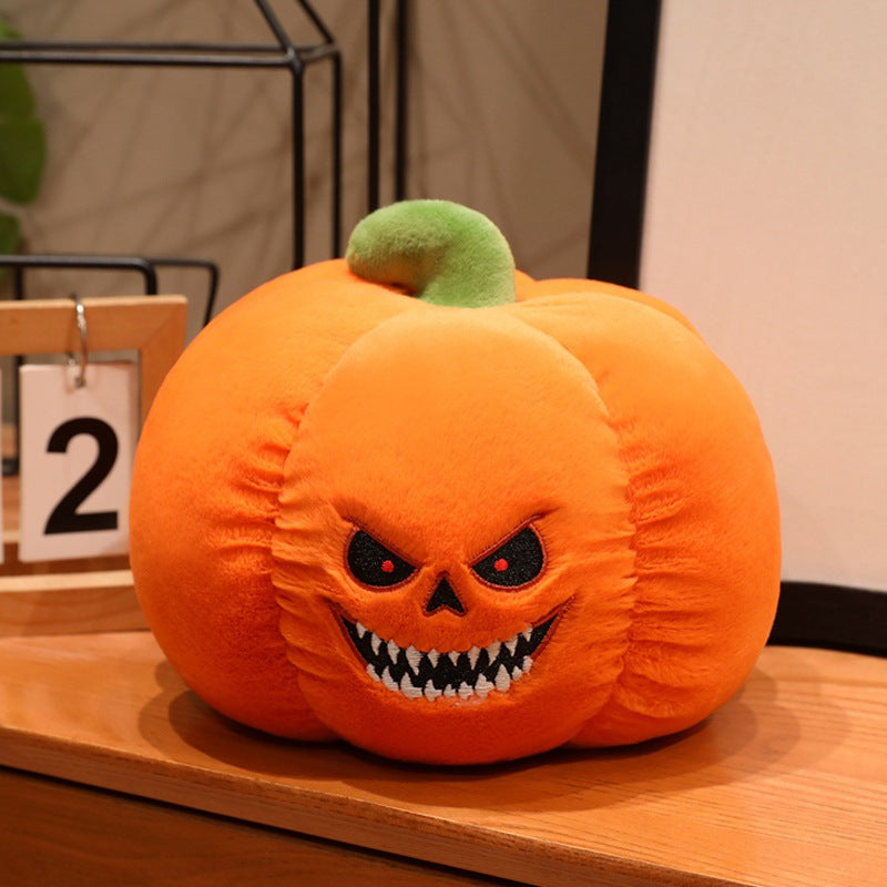 Plush pumpkin decoration figure with witch hat and embroidered spooky face